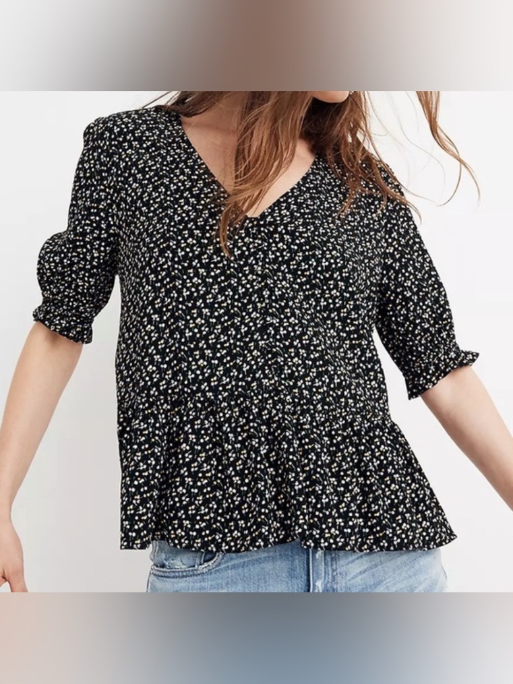 Madewell Black Floral V-Neck Peplum Top
